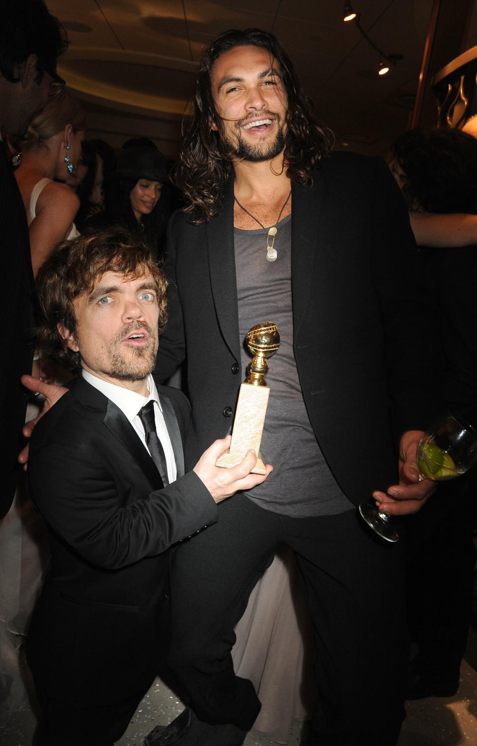 BEVERLY HILLS, CA - JANUARY 15:(EXCLUSIVE COVERAGE)   Actors Peter Dinklage and Jason Momoa attends HBO's Official After Party for the 69th Annual Golden Globe Awards held at The Beverly Hilton hotel on January 15, 2012 in Beverly Hills, California.  (Photo by Jeff Kravitz/FilmMagic)