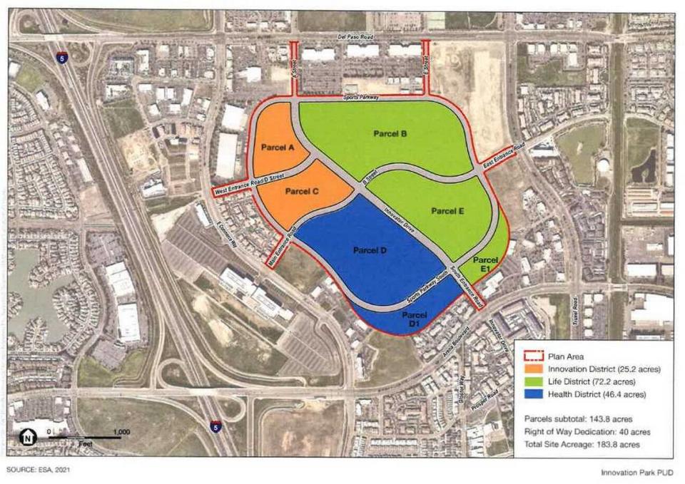 The Sacramento City Council will vote Tuesday, April 30, 2024, on a term sheet for Innovation Park — a 183-acre mixed use development that will include a California Northstate University teaching hospital, housing, park space and commercial real estate —that will occupy the former site of Arco Arena in North Natomas. City of Sacramento