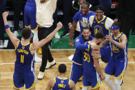 Golden State Warriors guard Stephen Curry (30) celebrates with teammates after beating the Boston Celtics in Game 6 to win basketball's NBA Finals, Thursday, June 16, 2022, in Boston. (AP Photo/Michael Dwyer)