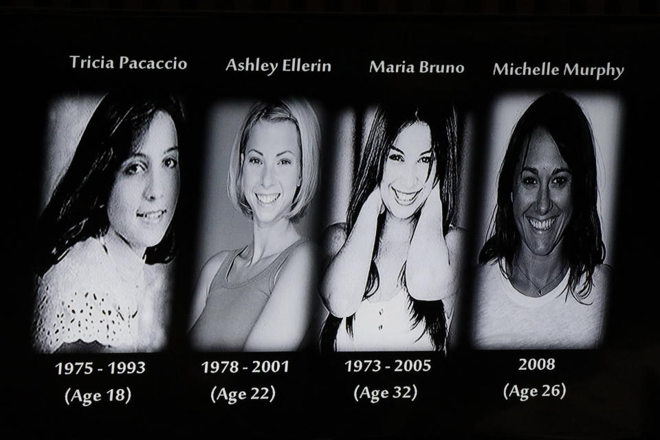The pictures of the victims are shown during the opening statements of Michael Gargiulo's trial. Source: Getty