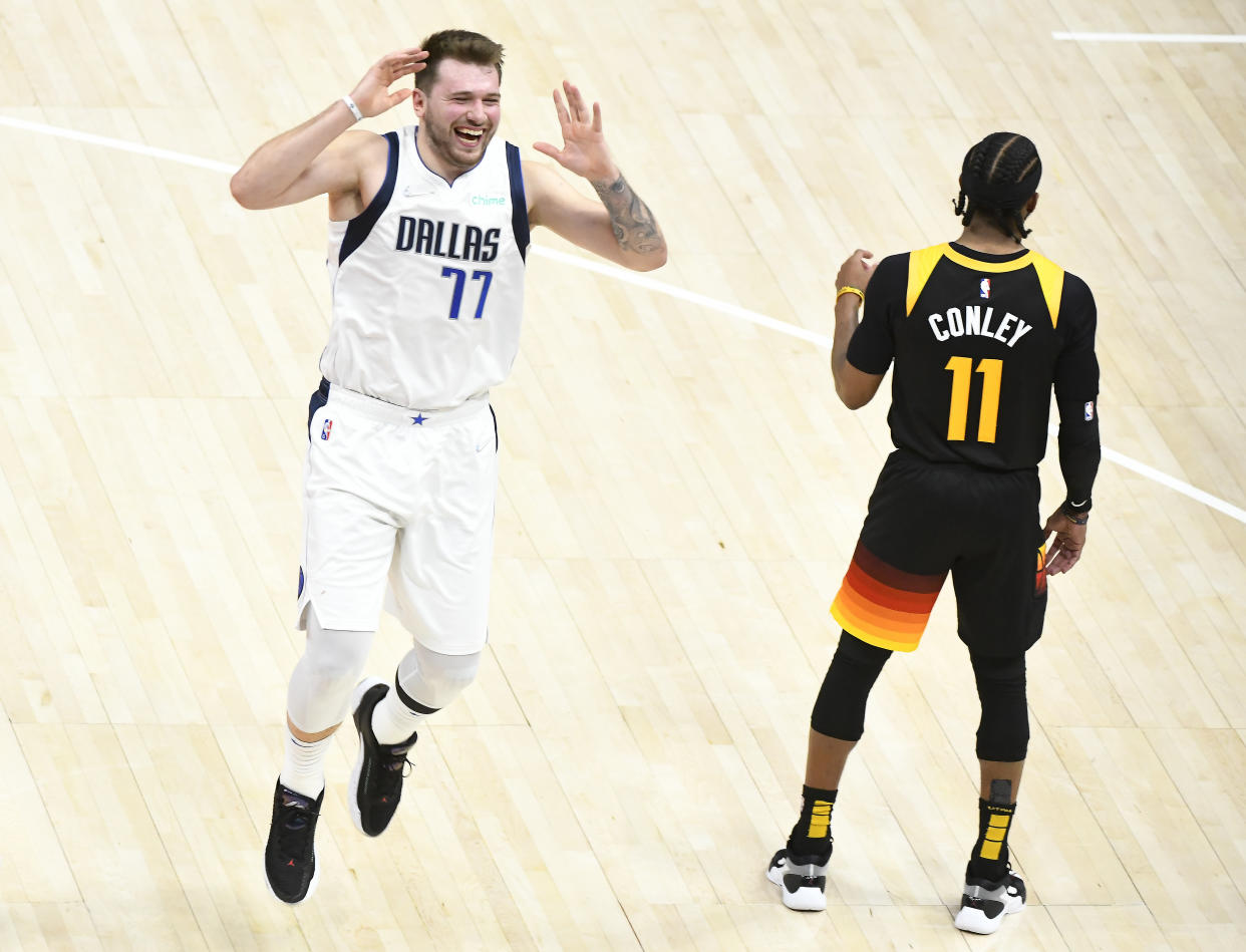 SALT LAKE CITY, UTAH - APRIL 28: Luka Doncic #77 of the Dallas Mavericks reacts to a play during the second half of Game 6 of the Western Conference First Round Playoffs against the Utah Jazz at Vivint Smart Home Arena on April 28, 2022 in Salt Lake City, Utah. NOTE TO USER: User expressly acknowledges and agrees that, by downloading and/or using this Photograph, user is consenting to the terms and conditions of the Getty Images License Agreement. (Photo by Alex Goodlett/Getty Images)