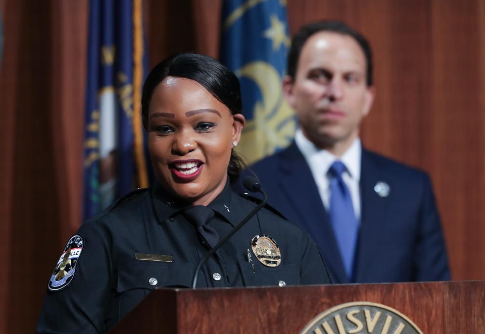 Interim Louisville Police Chief Jacquelyn Gwinn-Villaroel, left, made remarks after Mayor Craig Greenberg announced that she has been selected as the permanent chief of the LMPD following a nationwide search in Louisville, Ky. on July 20, 2023.