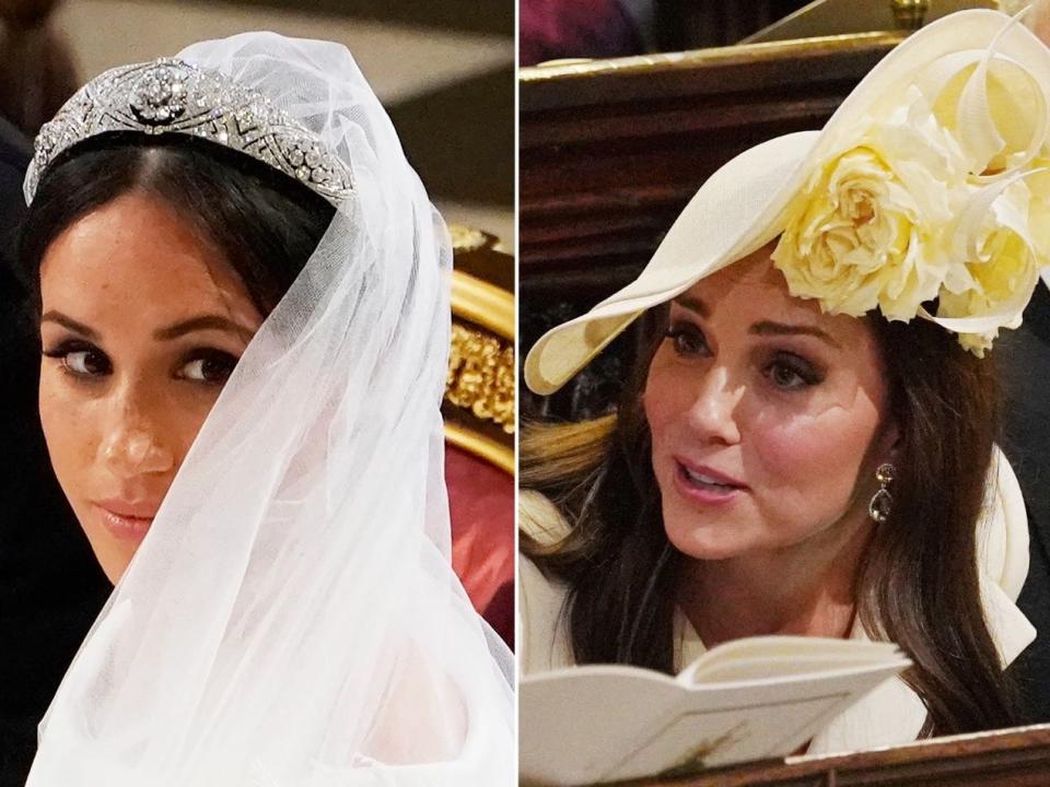 Meghan Markle (L) and Kate Middleton (R) at Meghan and Prince Harry's wedding in May 2018.