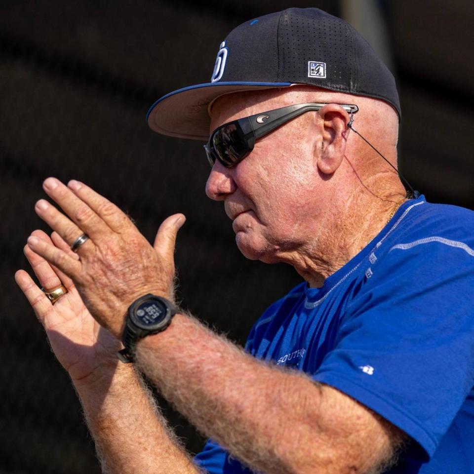 South Dade Head Coach Fred Burnside reacts during a high school baseball regional semi-final game against West Broward High at Bobcat Field in Pembroke Pines, Florida, on Wednesday, May 10, 2023.