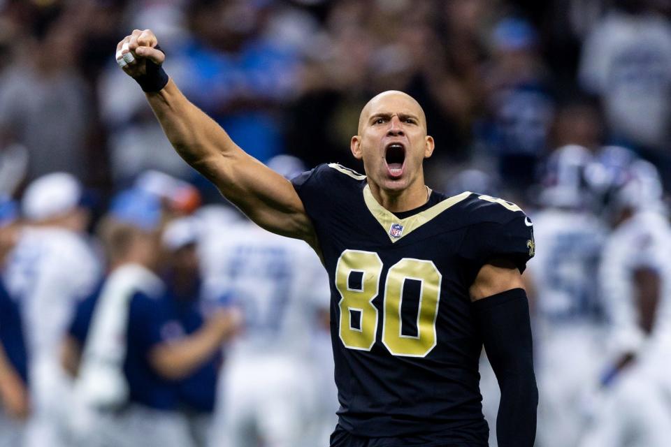 New Orleans Saints tight end Jimmy Graham takes part in the Who Dat chant against the Tennessee Titans.