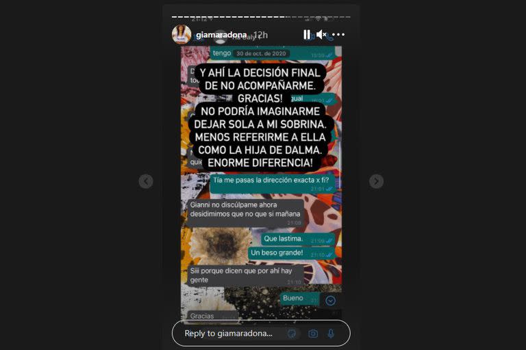 Captura de pantalla de historias en Instagram de Gianinna Maradona.