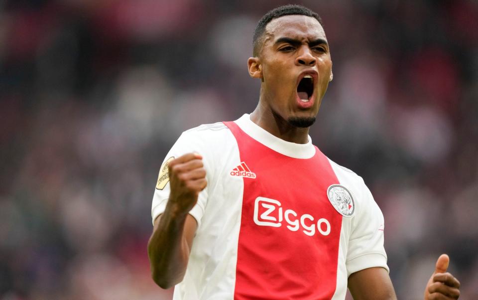 Ajax's Ryan Gravenberch celebrates scoring his side's third goal during the Dutch Eredivisie Premier League soccer match between Ajax and Vitesse at the Johan Cruyff ArenA in Amsterdam, Netherlands, Sunday, Aug. 29, 2021. - AP