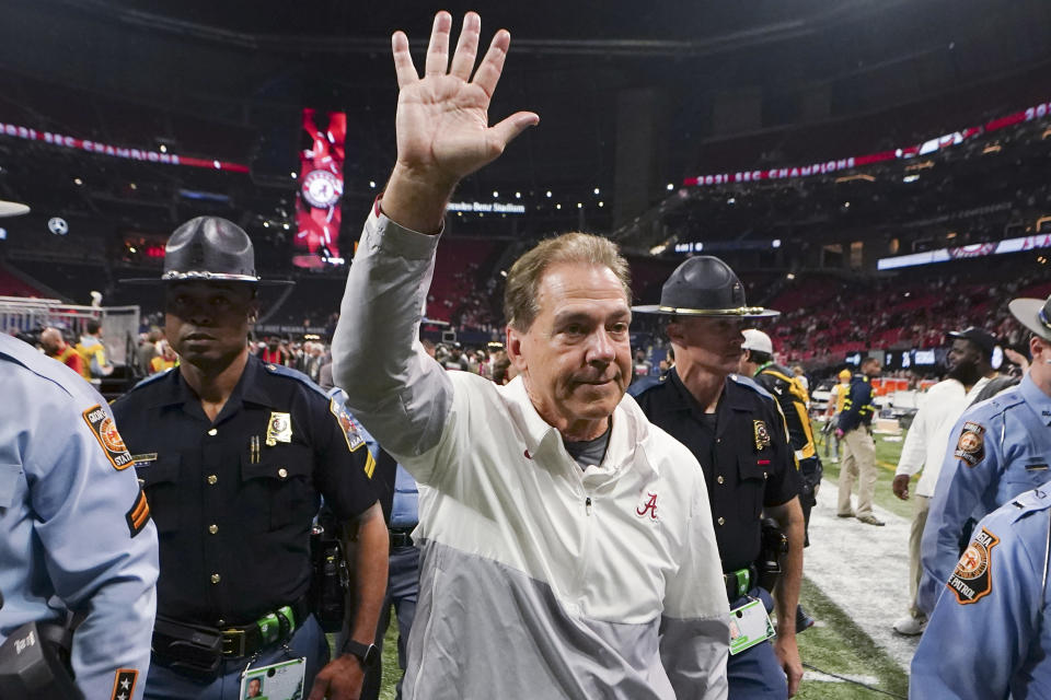 Alabama head coach Nick Saban leaves the field after the Southeastern Conference championship NCAA college football game between Georgia and Alabama, Saturday, Dec. 4, 2021, in Atlanta. Alabama won 41-24. (AP Photo/John Bazemore)