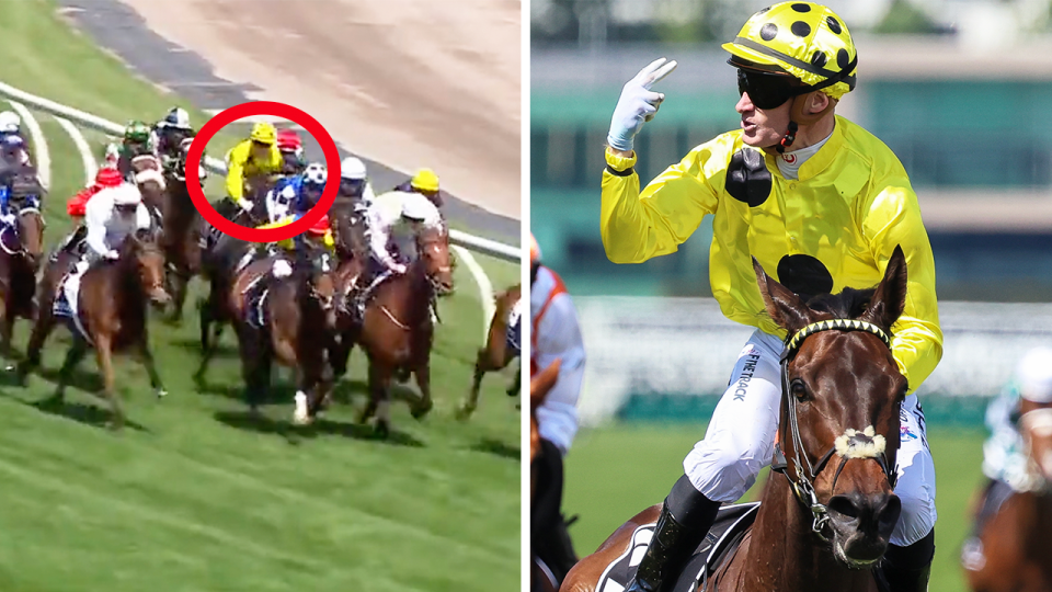 Without A fight wins the Melbourne Cup and jockey Mark Zahra gestures.