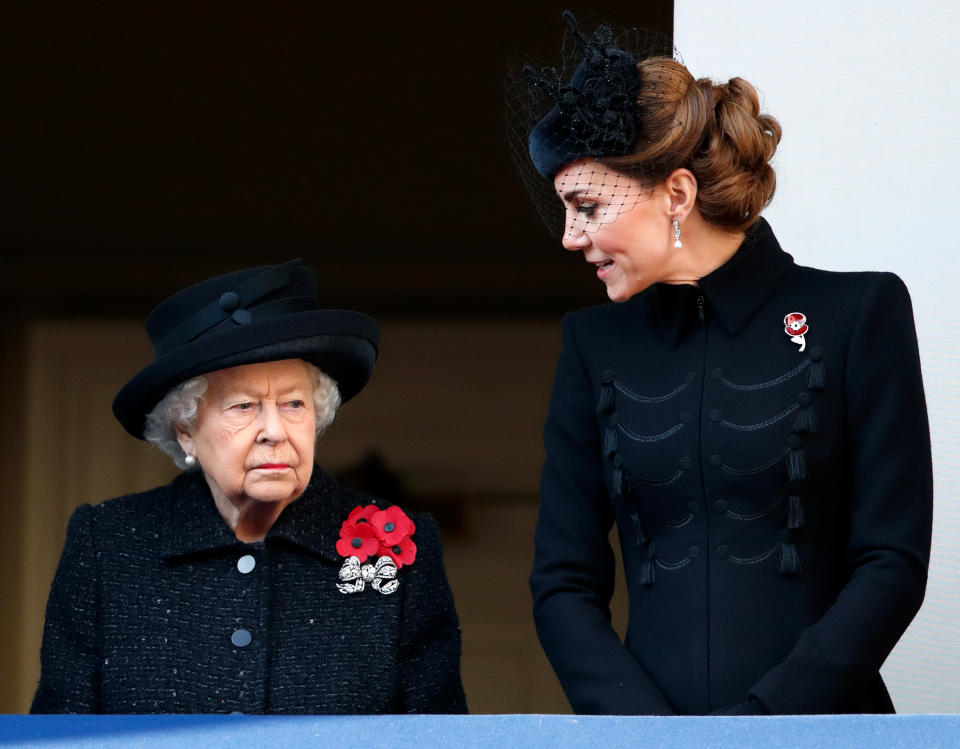 LONDON, UNITED KINGDOM - NOVEMBER 10: (EMBARGOED FOR PUBLICATION IN UK NEWSPAPERS UNTIL 24 HOURS AFTER CREATE DATE AND TIME) Queen Elizabeth II and Catherine, Duchess of Cambridge attend the annual Remembrance Sunday service at The Cenotaph on November 10, 2019 in London, England. The armistice ending the First World War between the Allies and Germany was signed at Compiegne, France on eleventh hour of the eleventh day of the eleventh month - 11am on the 11th November 1918. (Photo by Max Mumby/Indigo/Getty Images)