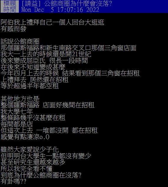 原PO不解公關商圈為何榮景不再。（圖／翻攝自PTT）