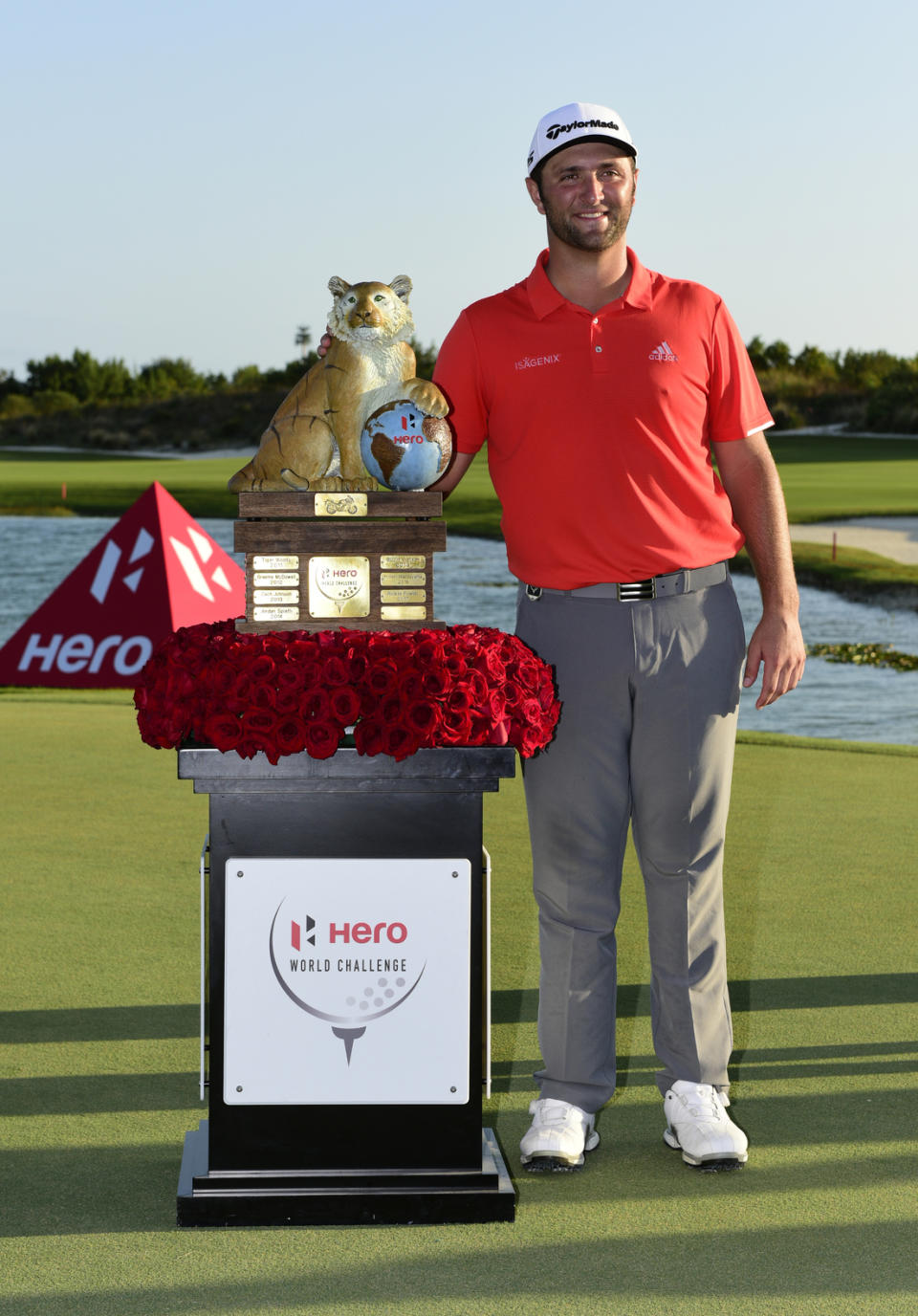 Spain's Jon Rahm poses with the tournament trophy after winning the Hero World Challenge at Albany Golf Club in Nassau, Bahamas, Sunday, Dec. 2, 2018. (AP Photo/Dante Carrer)
