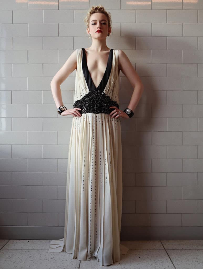 Julia Garner looked stunning in a plunging gown at the 78th Annual Golden Globe Awards.  (Photo by Hung Vaango via Getty Images)