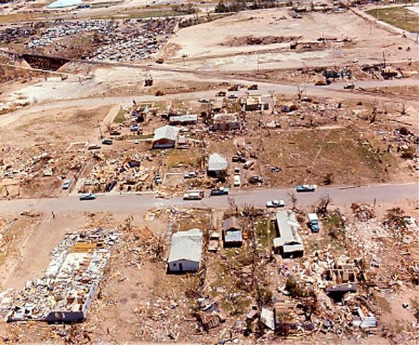 An aerial view of damage from the tornado that swept through Lubbock, leaving 26 people dead and more than 1,500 people injured on May 11, 1970.
