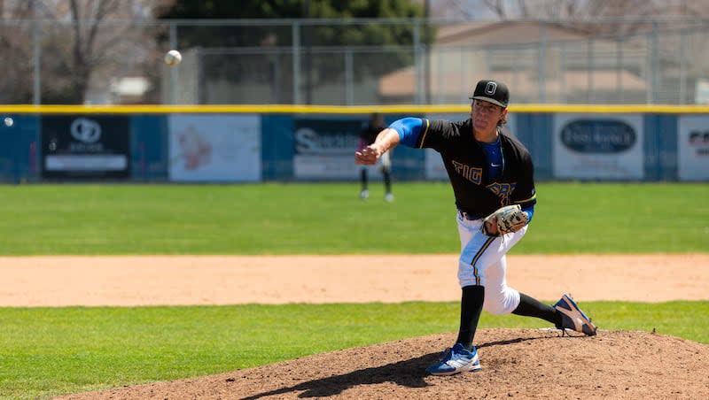 Orem’s Owen Miller pitches the ball during a high school baseball game against Lehi at Orem High School in Orem on Wednesday, April 3, 2024.