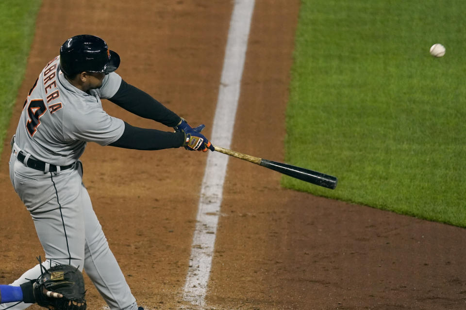 Detroit Tigers' Miguel Cabrera hits a grand slam during the seventh inning of a baseball game against the Kansas City Royals Friday, May 21, 2021, in Kansas City, Mo. (AP Photo/Charlie Riedel)