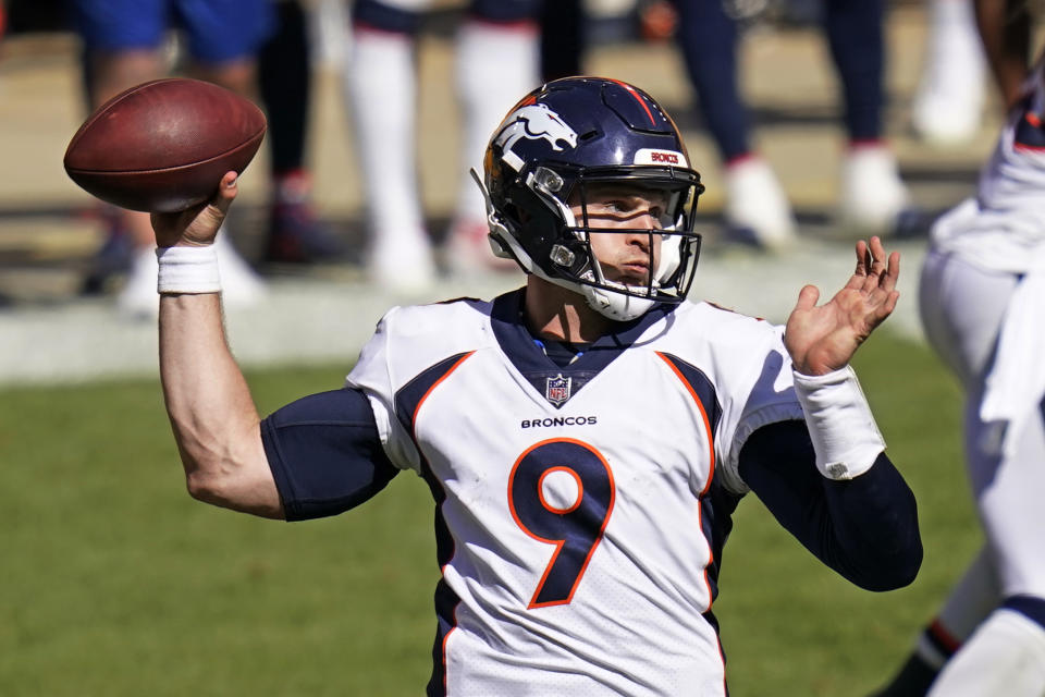 Denver Broncos quarterback Jeff Driskel (9) throws a pass during the second half of an NFL football game against the Pittsburgh Steelers, Sunday, Sept. 20, 2020, in Pittsburgh. (AP Photo/Keith Srakocic)