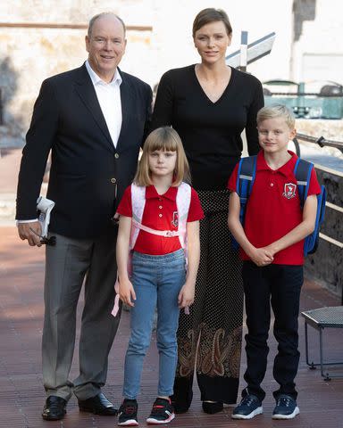 <p>Eric Mathon / Palais princier</p> Prince Albert and Princess Charlene join their children Princess Gabriella and Prince Jacques for the first day of school in September 2023.