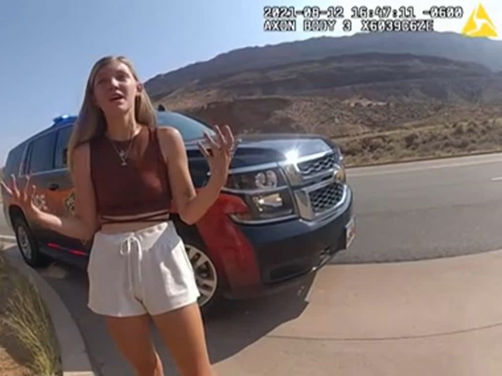 Gabby Petito speaks with police responding to an altercation between her and her boyfriend in Utah (Moab City Police Department/AFP)