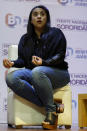 Olimpia Coral Melo, who became an activist against online sexual harassment and assault after a video of her having sex was published online in 2013, speaks during a live broadcast with Benito Juarez borough Mayor Santiago Taboada, in Mexico City, Monday, Nov. 23, 2020. Melo's story and subsequent activism have led to the creation of numerous state laws against cyber violence, and Mexico's government is on the verge of passing a federal version of "Olimpia's Law." (AP Photo/Rebecca Blackwell)