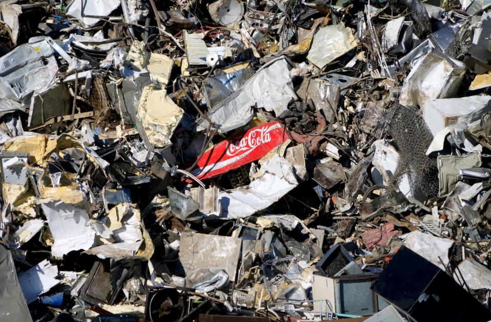 A mound of mangled scrap metal is piled up at Rhode Island Recycled Metals in Providence.