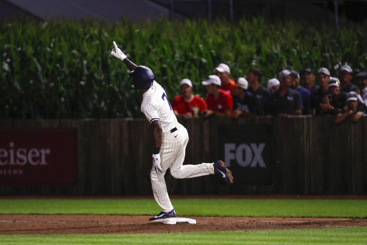 Tim Anderson was the hero for the White Sox in the 2021 Field of Dreams Game, hitting a two-run, walk-off home run to beat the Yankees in Dyersville, Iowa. (Jose M. Osorio/Chicago Tribune/Tribune News Service via Getty Images)