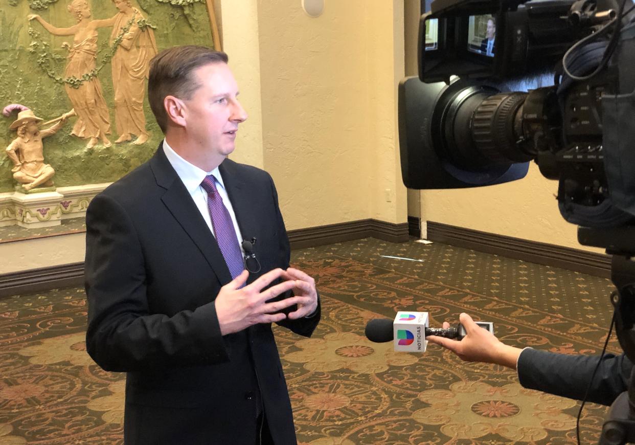 Joe Gudenrath, executive director of the El Paso Downtown Management District, talks to news media after a March 11 press conference to highlight the DMD's opposition to a city plan to put a small concert venue next to the Union Depot train station.
