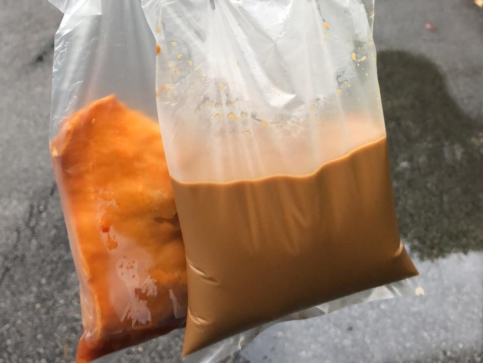A bag of coffee with condensed milk.
