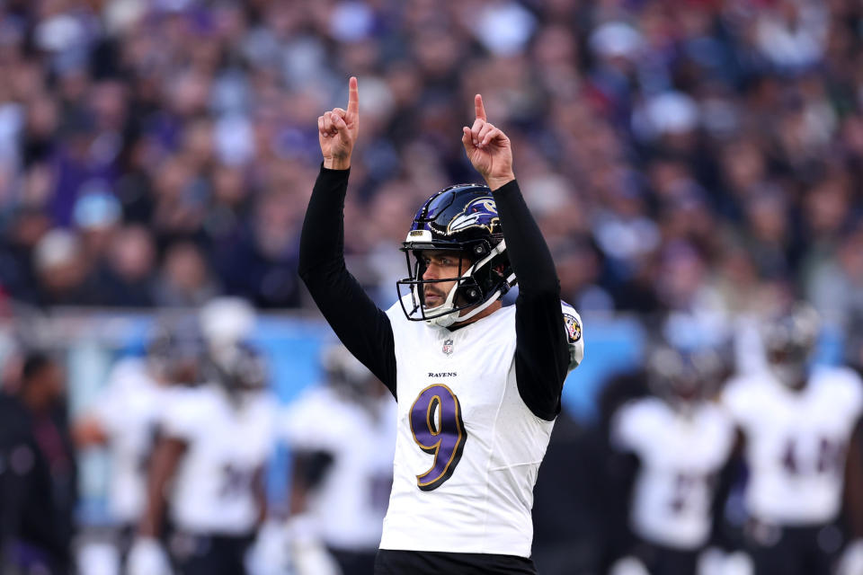 LONDON, ENGLAND - OCTOBER 15: Justin Tucker #9 of the Baltimore Ravens celebrates a 41 yard field goal in the first quarter during the 2023 NFL London Games match between Baltimore Ravens and Tennessee Titans at Tottenham Hotspur Stadium on October 15, 2023 in London, England. (Photo by Alex Pantling/Getty Images)