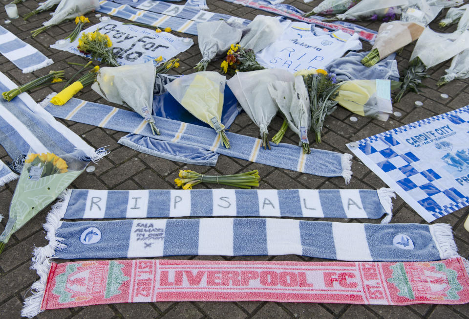 <p>Tributes outside the Cardiff City Stadium (Getty Images) </p>