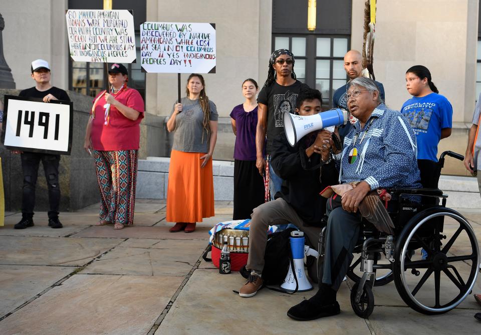 Lou White Eagle addresses a rally at the Metro Courthouse for changing Columbus Day to Indigenous People Day Tuesday, Sept. 19, 2017 in Nashville, Tenn.