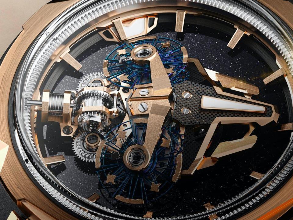 雅典Freak S腕錶，於卡羅素機芯上裝配二組傾斜式的擒縱結構，並以中央差速齒輪統合二者的時間計算。整只手錶的設計概念與視覺效果，都非常強烈。