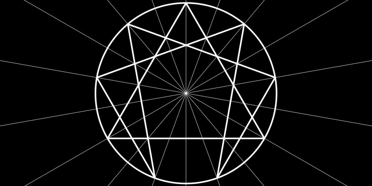 enneagram icon, sacred geometry, white diagram logo template, vector illustration isolated on black background