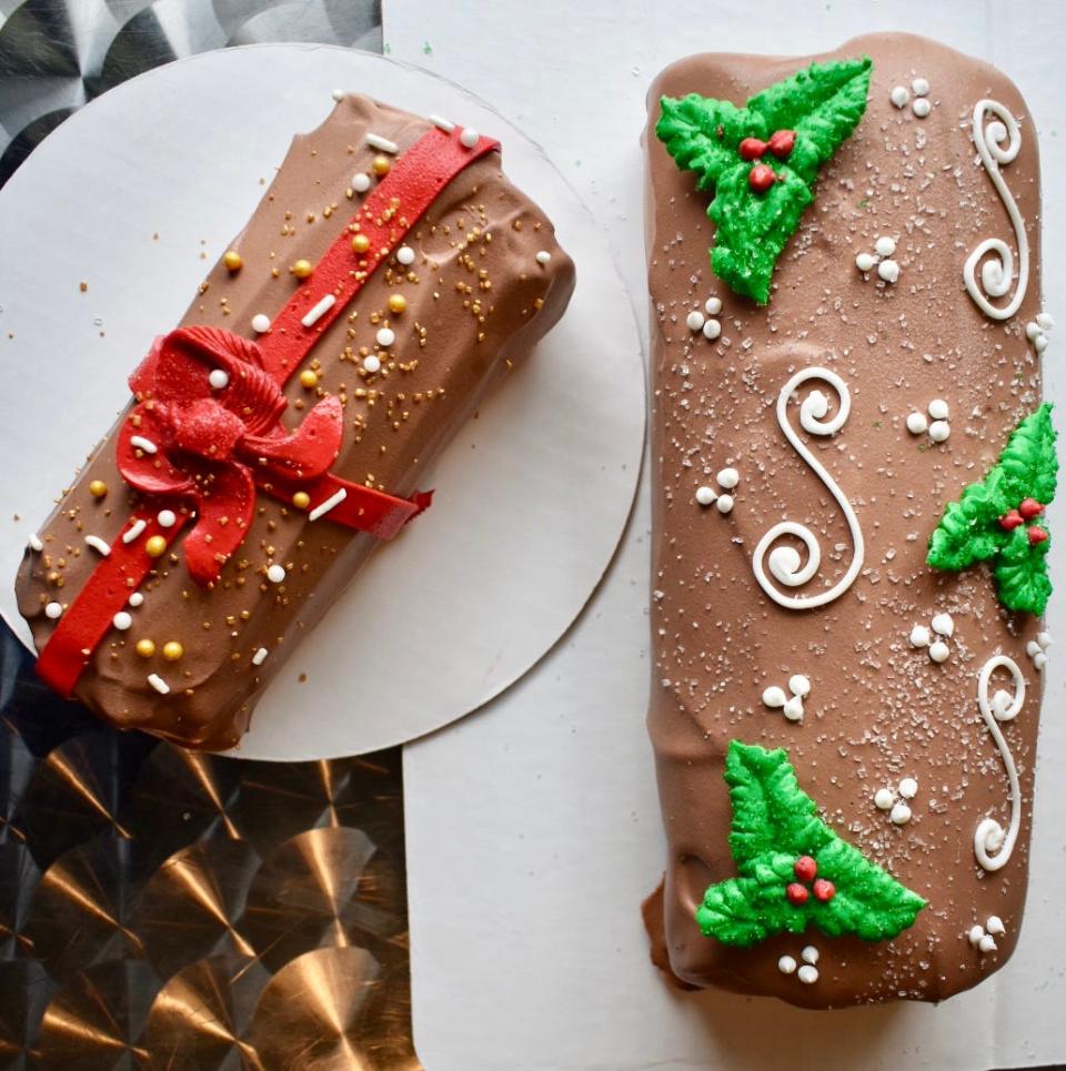 The Hop Ice Cream makes holiday Yule Logs made of cake and ice cream.