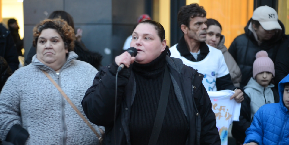 Milford Towers resident Kellie McKone speaking at a protest outside of Lewisham Council (London Renters Union)