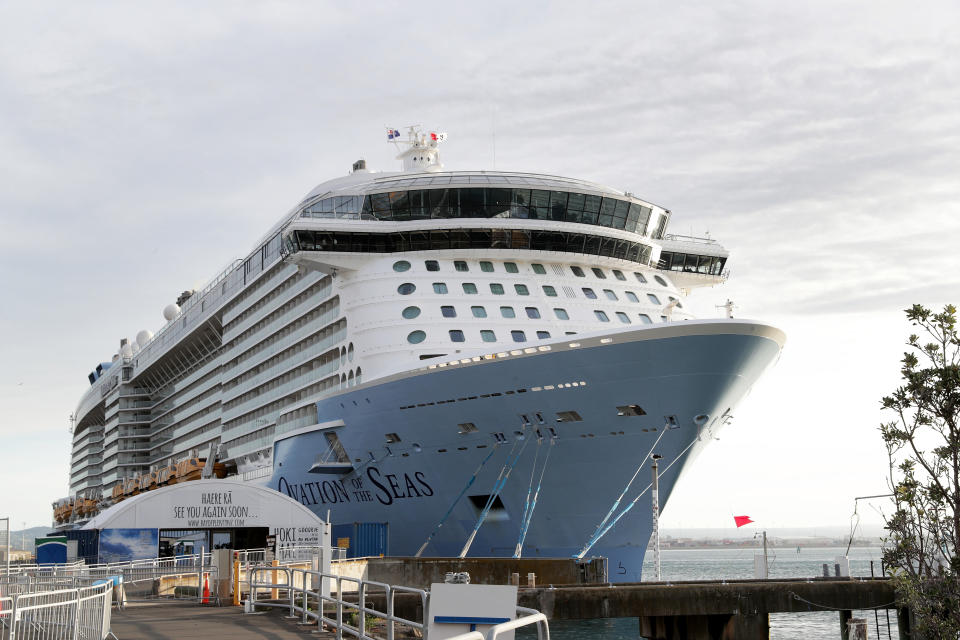 Ovation of the Seas cruise berthed after passengers touring White Island caught in volcano that killed six.