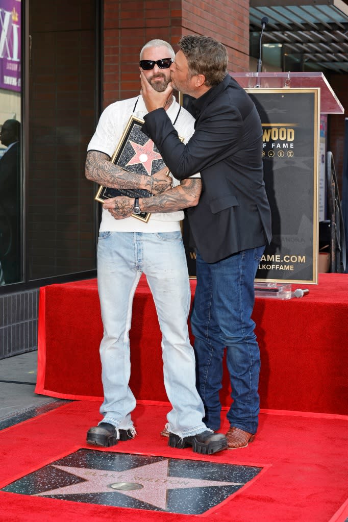 HOLLYWOOD, CALIFORNIA - MAY 12: (L-R) Adam Levine and Blake Shelton attend Blake Shelton's Star Ceremony on The Hollywood Walk Of Fame on May 12, 2023 in Hollywood, California. (Photo by Frazer Harrison/Getty Images)