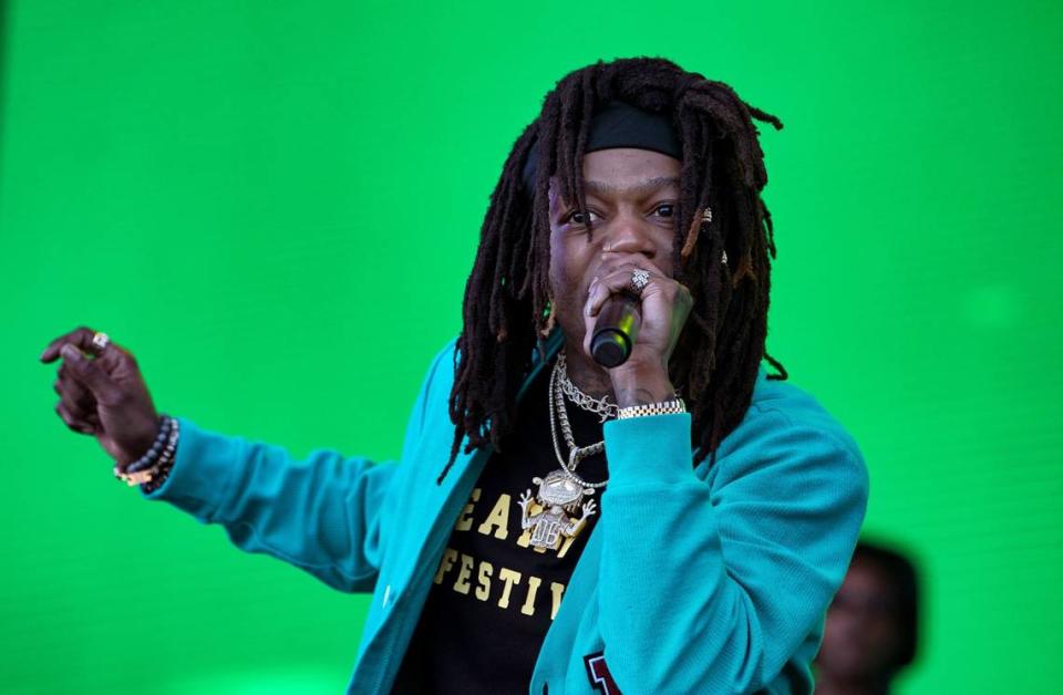 J.I.D. launches his set at the Dreamville Festival in Raleigh, N.C., Sunday, April 2, 2023.