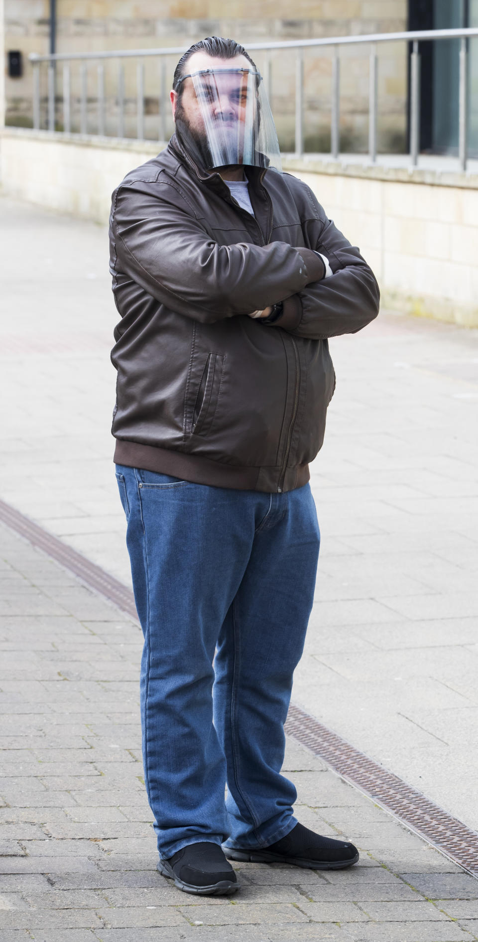 Sid Lovatt with his 3D printed protective mask that he has been supplying to front-line workers, as the UK continues in lockdown to help curb the spread of the coronavirus.