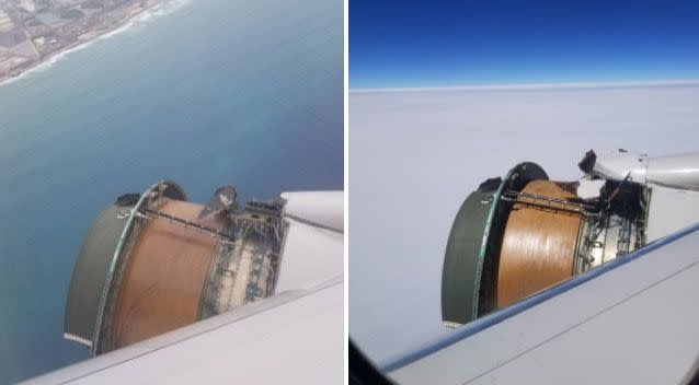 The casing on one of the plane's turbine flew off striking fear into passengers. Source: Twitter/ Maria Falaschi