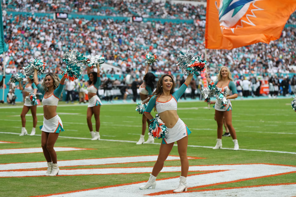 Nov 19, 2023; Miami Gardens, Florida, USA; Miami Dolphins cheerleaders perform during the second half between the <a class="link " href="https://sports.yahoo.com/nfl/teams/miami/" data-i13n="sec:content-canvas;subsec:anchor_text;elm:context_link" data-ylk="slk:Miami Dolphins;sec:content-canvas;subsec:anchor_text;elm:context_link;itc:0">Miami Dolphins</a> and the Las Vegas Raiders at Hard Rock Stadium. Mandatory Credit: Jasen Vinlove-USA TODAY Sports