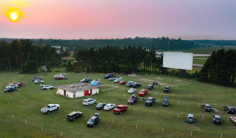 An aerial view of the Highway Community 2 Drive In Theater screen and field in Manistique.