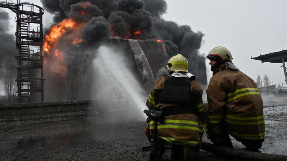 Firefighters battle fire in Kharkiv after drone attack, February 2024