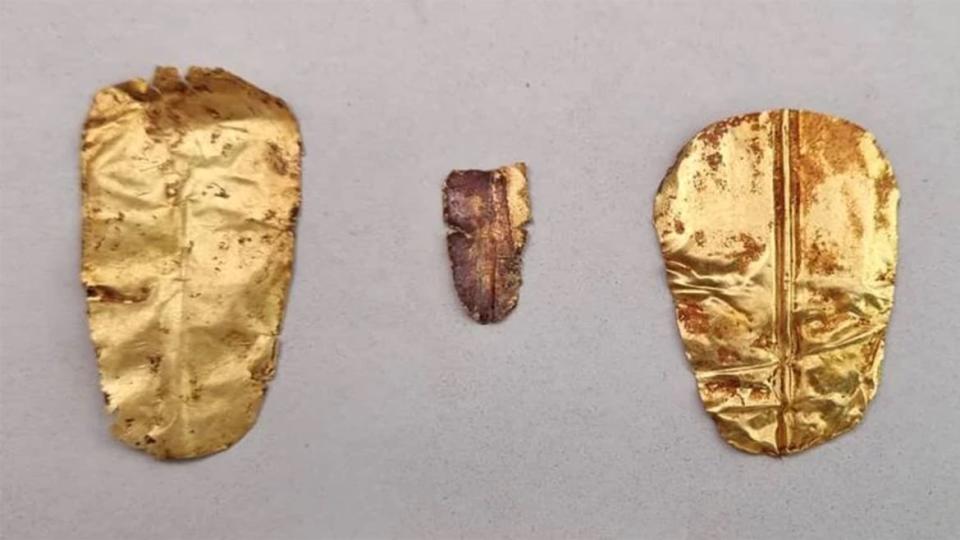 <div class="inline-image__caption"><p>Three gold foil tongues were found buried with the mummies.</p></div> <div class="inline-image__credit">Egyptian Ministry of Tourism and Antiquities</div>