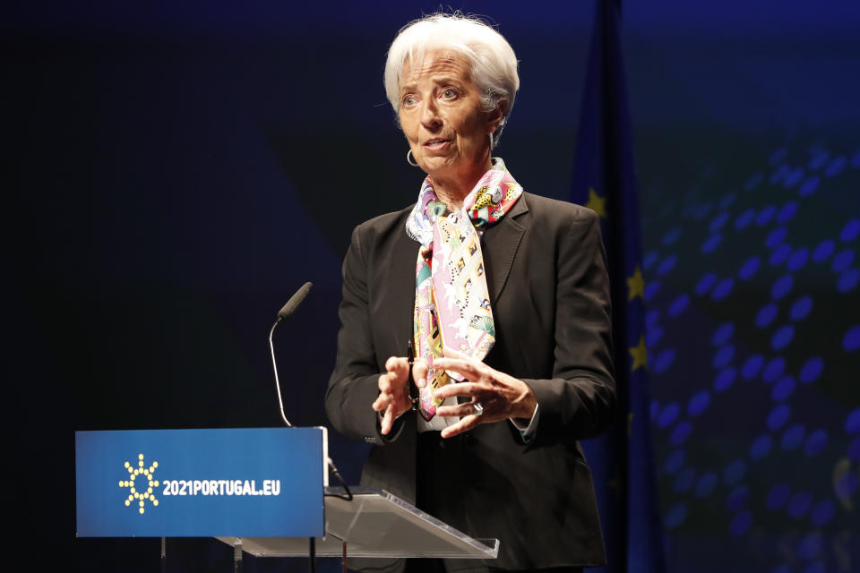 FILE - European Central Bank President Christine Lagarde speaks during a media conference in Lisbon, Friday, May 21, 2021. Lagarde says Europe's monetary authority isn't about to ‘overreact’ to temporary inflation by tightening policy. Lagarde said Tuesday, Sept. 28, 2021 that currently higher inflation of 3% in the eurozone is temporary, caused by bottlenecks and one-time factors. (AP Photo/Armando Franca, file)