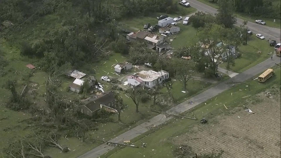 Homes are damaged after severe weather passed the area on Wednesday, July 19, 2023 in Rocky Mount, N.C. (WTVD via AP)