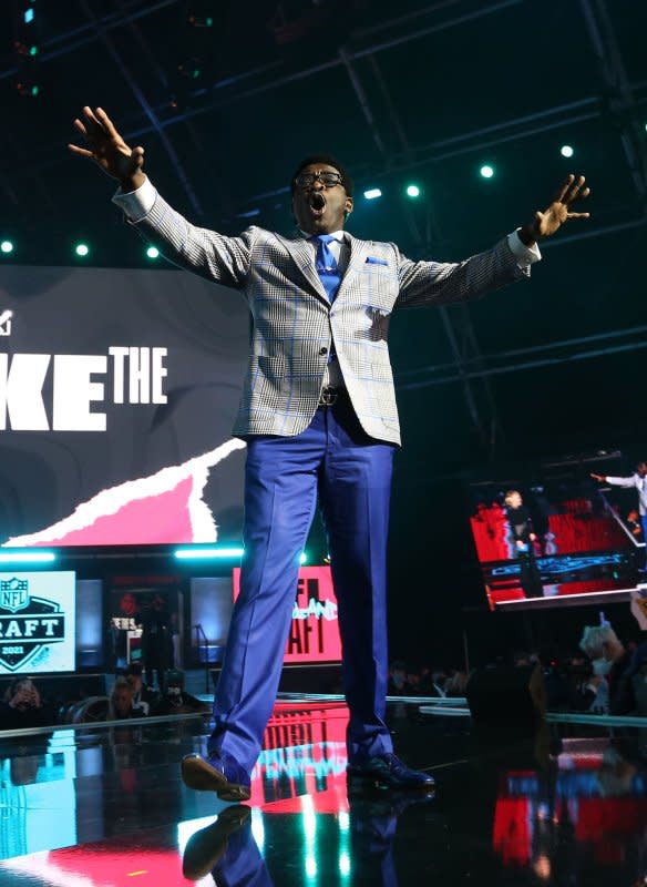 NFL Hall of Famer Michael Irvin talks at the 2021 NFL Draft in Cleveland on April 29. The former football player turns 58 on March 5. File Photo by Aaron Josefczyk/UPI