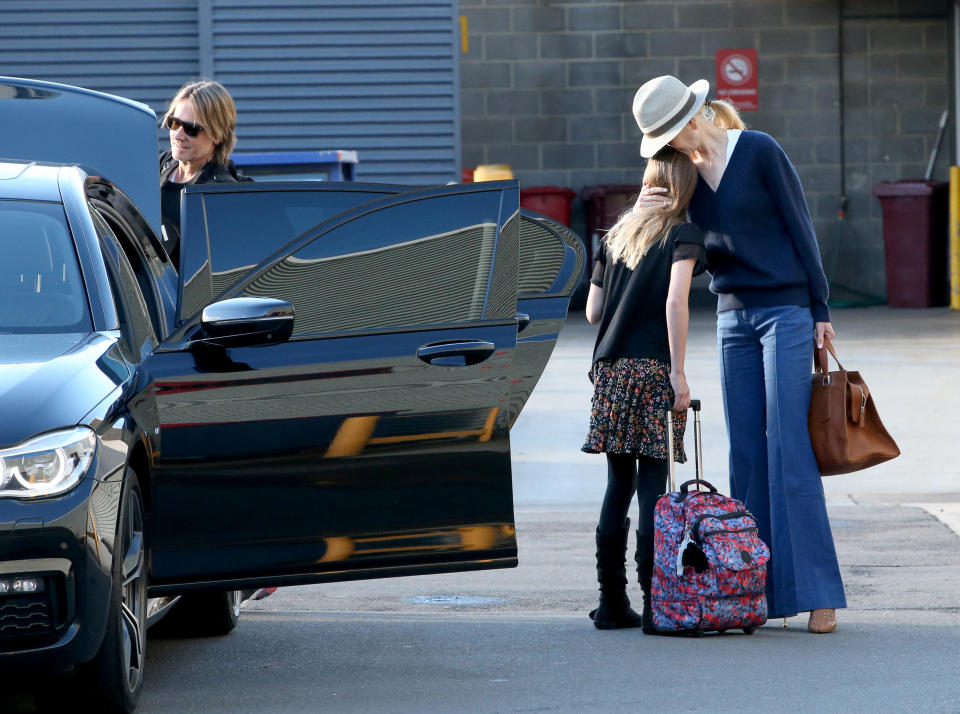 JULY 13, 2019: SYDNEY, NSW - (EUROPE AND AUSTRALASIA OUT) Nicole Kidman and Keith Urban with their daughters arrive into Sydney International Airport in Sydney, New South Wales. (Photo by Damian Shaw Photography / Newspix / Getty Images)