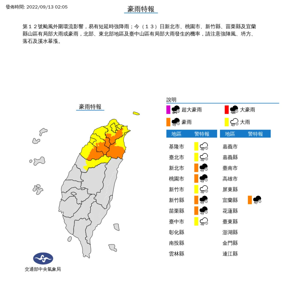 颱風梅花外圍環流影響，氣象局發布豪雨特報。圖片來源：中央氣象局