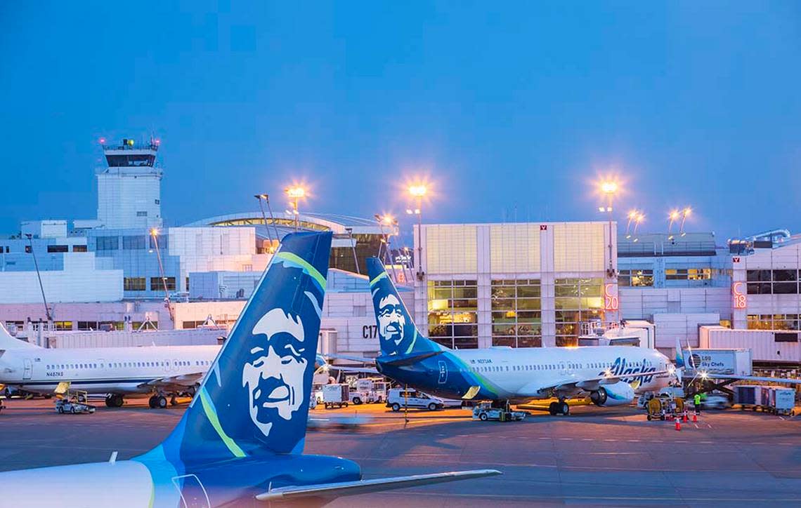 Alaska Airlines planes at Seattle-Tacoma International Airport on July 30, 2019.